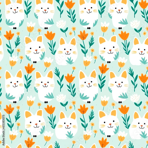 cute cat and flower seamless pattern