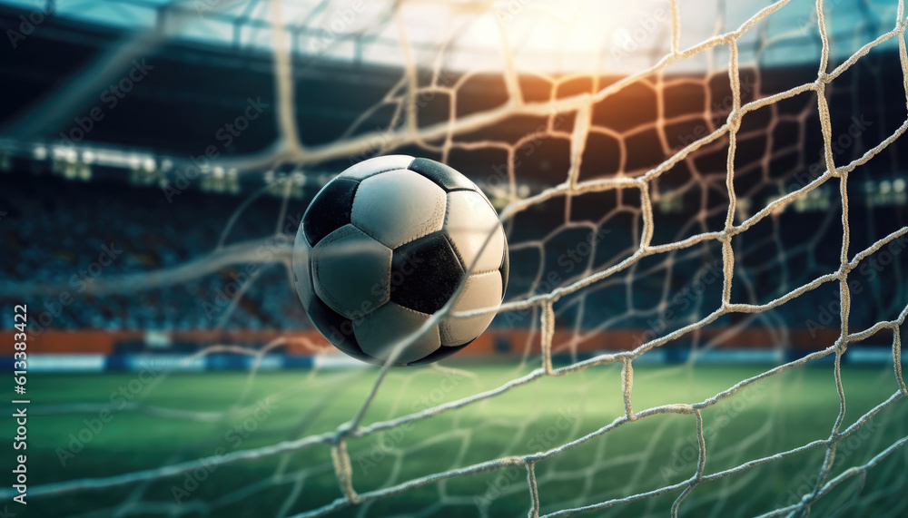 Soccer ball kicked into the goal net on the football field background