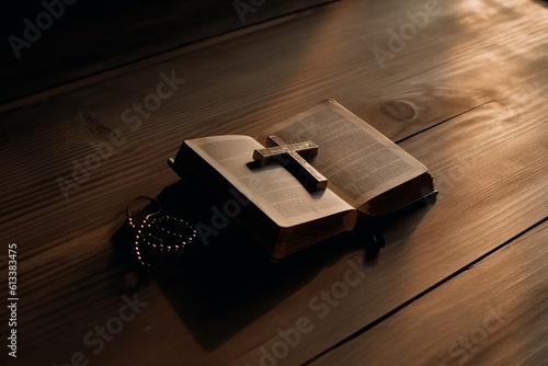 Wallpaper Mural The crucifix image an open Bible on the table. Generative AI Torontodigital.ca