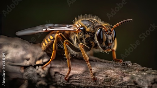 Close up photo of a bee on a tree branch