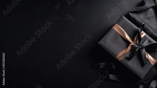 Gift box with gold tape on black background