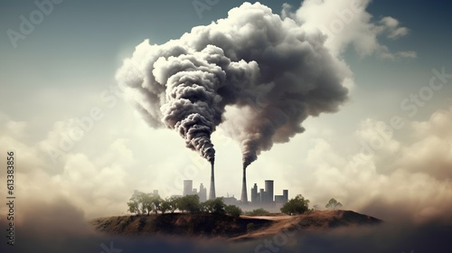 Concept of carbon emissions, represented by smoke billowing from factory chimneys and sinking into a thick smog. The environmental consequences of industrial pollution. Generative AI