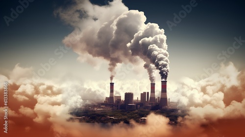 Concept of carbon emissions, represented by smoke billowing from factory chimneys and sinking into a thick smog. The environmental consequences of industrial pollution. Generative AI