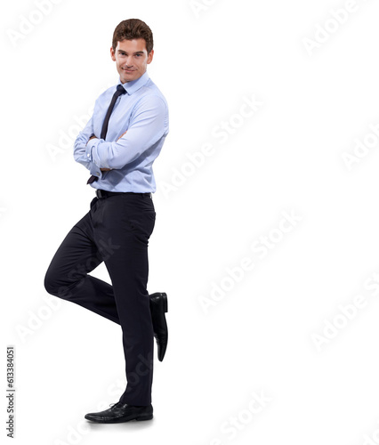 Business man, wall leaning and portrait isolated on transparent, png background. Corporate, male employee and smile with confidence feeling happy from professional success and work arms with crossed photo
