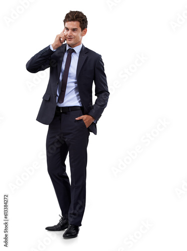 Cellphone call, networking and business man speaking on smartphone communication, discussion or conversation. Consulting, mobile chat and professional person isolated on transparent, png background