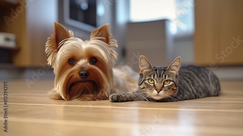 A yorkshire terrier and a gray cat sprawled out on the floor of a TV rooma yorkshire terrier and a gray cat sprawled out on the floor of a TV room Generative AI © MUCHIB
