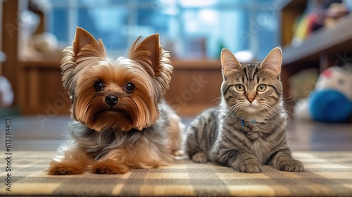 A yorkshire terrier and a gray cat sprawled out on the floor of a TV rooma yorkshire terrier and a gray cat sprawled out on the floor of a TV room Generative AI © MUCHIB