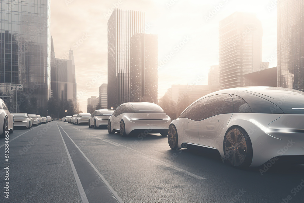 futuristic illustration, cars on the road against  cityscape 
