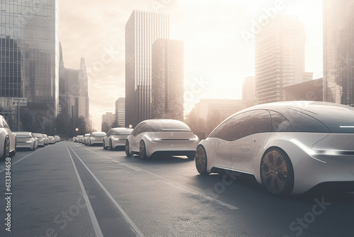 futuristic illustration, cars on the road against  cityscape  © iwaart