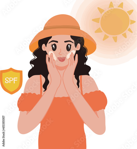 Pretty woman on summer holiday wearing sun screen SPF to protect her skin from UVA uvb illustration