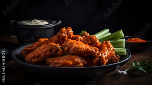 Buffalo Wings with cut vegetables on a black plate and blur background