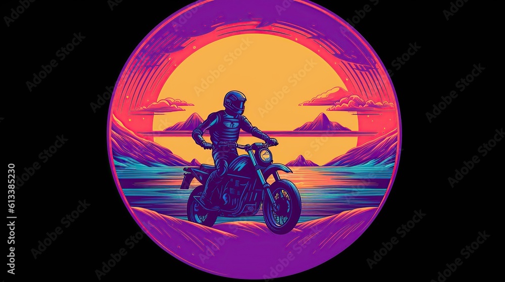 Action shot of a motorbike, synthwave, tshirt vector, enclsoed in a circle, sunset, contour, white background Generative AI