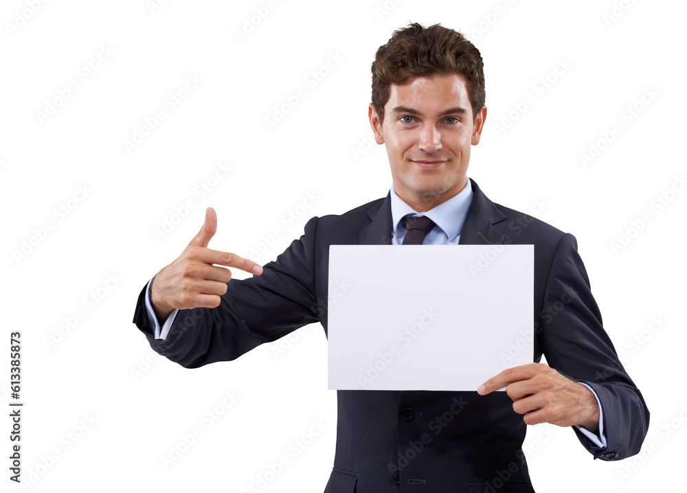 Business man, poster pointing and portrait with mockup space for deal choice and announcement. Happy, advertising placard and isolated on a transparent, png background with a corporate professional Business man, poster pointing and portrait with mockup space for deal choice and announcement. Happy, advertising placard and isolated on a transparent, png background with a corporate professional