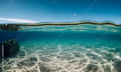 World ocean day illustration, Split low level shot above and below water showing blue sky and sand ocean bed. A.I. generated. © Lucky Ai