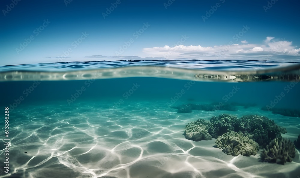 World ocean day illustration, Split low level shot above and below water showing blue sky and sand ocean bed. A.I. generated.