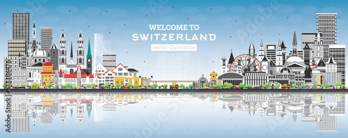 Welcome to Switzerland. City Skyline with Gray Buildings and Blue Sky. Switzerland Cityscape with Landmarks. Bern. Basel. Lugano. Zurich. Geneva.