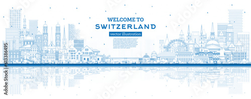 Welcome to Switzerland. Outline City Skyline with Blue Buildings. Switzerland Cityscape with Landmarks. Bern. Basel. Lugano. Zurich. Geneva.