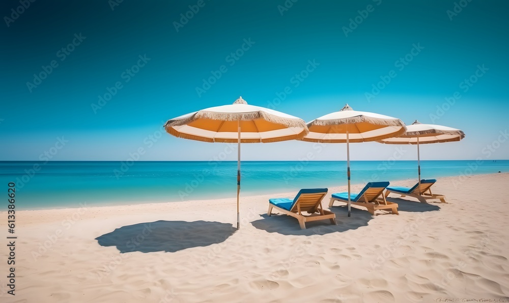 Summer Chairs and umbrellas on tropical sea and beach with blue sky background. Generative AI