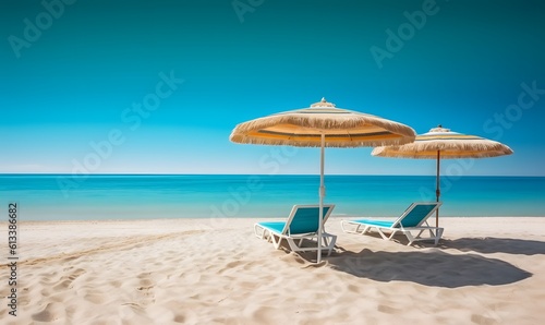 Summer Chairs and umbrellas on tropical sea and beach with blue sky background. Generative AI © Lucky Ai