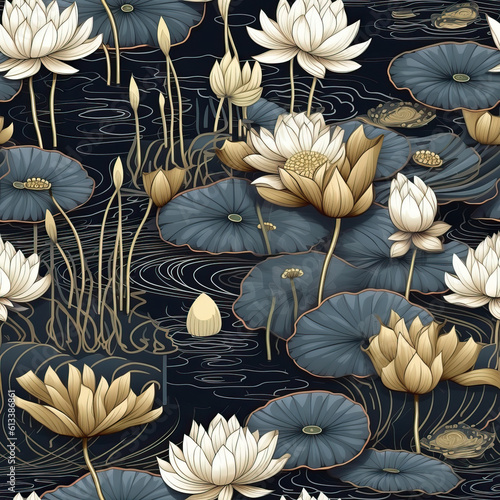 Lotuses in a pond luxury golden line art seamless repeat pattern [Generative AI] 