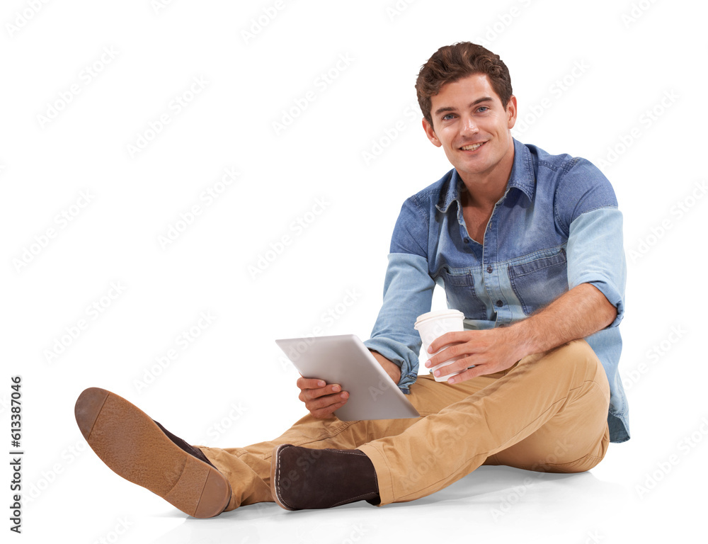 Tablet, coffee break portrait and relax man, student or person working on report, research or feedback review. Internet, university project and male learner isolated on transparent, png background Tablet, coffee break portrait and relax man, student or person working on report, research or feedback review. Internet, university project and male learner isolated on transparent, png background