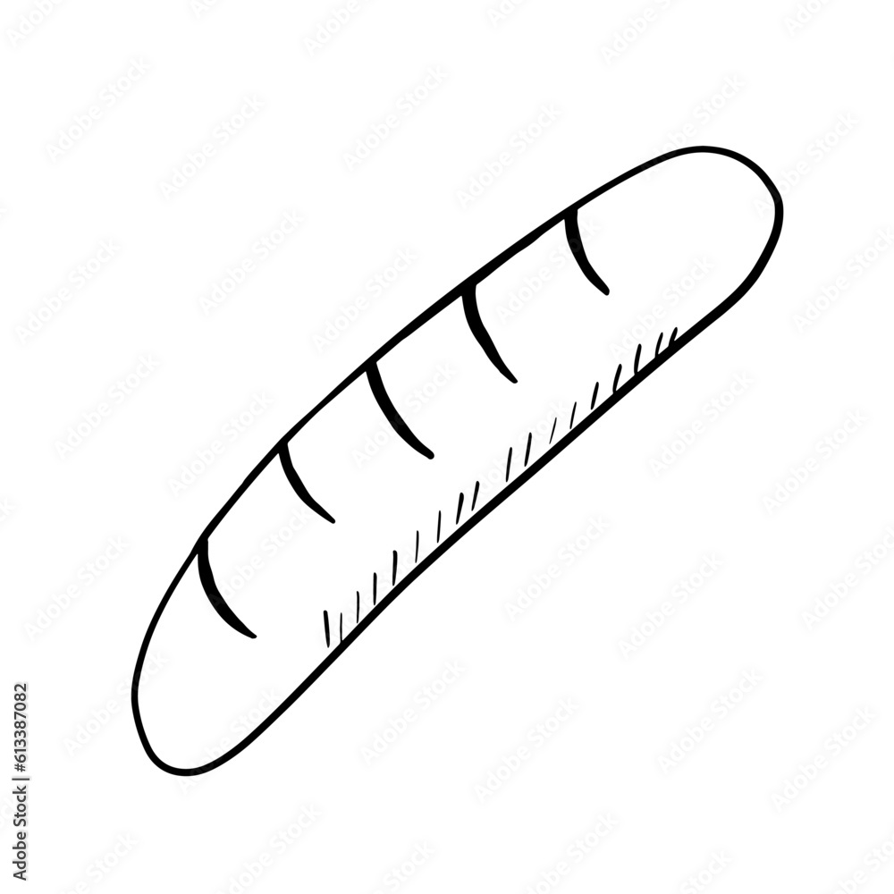 Hand drawn bread baguette doodle illustration. Organic ecological food. Vector sketch isolated on white Hand drawn bread baguette doodle illustration. Organic ecological food. Vector sketch isolated on white