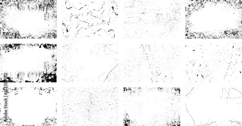 Overlay textures set stamp with grunge effect. Old damage Dirty grainy and scratches. Set of different distressed black grain texture. Distress overlay vector textures.	