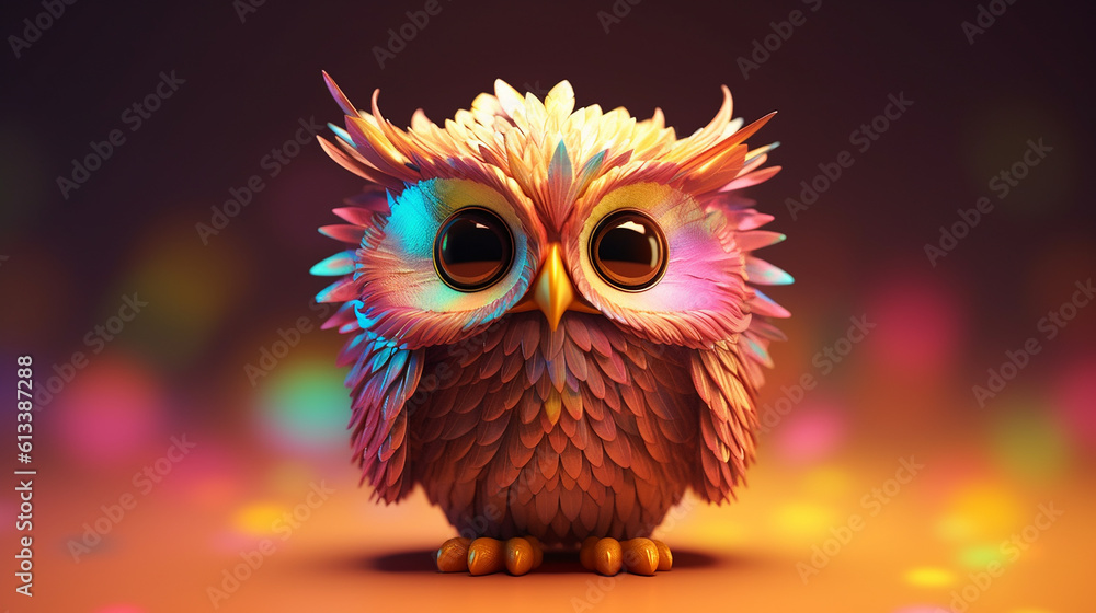 cute and adorable little owl, colorful, flapping tiny wings