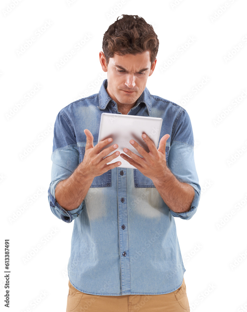Tablet, problem and man reading online report, research project mistake or bad feedback review of social media app. Network crisis, website fail and person isolated on transparent, png background Tablet, problem and man reading online report, research project mistake or bad feedback review of social media app. Network crisis, website fail and person isolated on transparent, png background