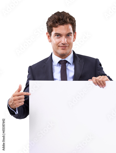 Business man, poster pointing and portrait of worker with mockup space for deal and advertisement. Promo, deal and announcement sign with a male executive isolated on a transparent, png background