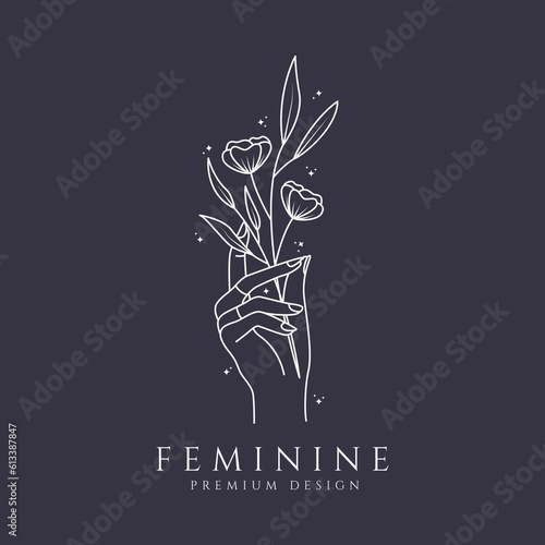 hand drawn logo feminine beauty floral botanical salon spa cosmetic line art design vector illustration