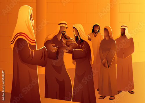 Biblical vector illustration series, forty days after Jesus' birth, Mary and Joseph carried Him to the Temple in Jerusalem