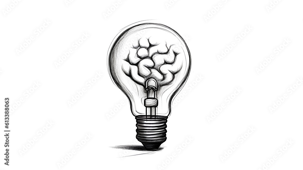Hand drawn brain inside a light bulb, isolated on a white background. The concepts of innovation and creativity, symbolizing the genesis of ideas and the power of imaginative thinking. Generative AI Hand drawn brain inside a light bulb, isolated on a white background. The concepts of innovation and creativity, symbolizing the genesis of ideas and the power of imaginative thinking. Generative AI