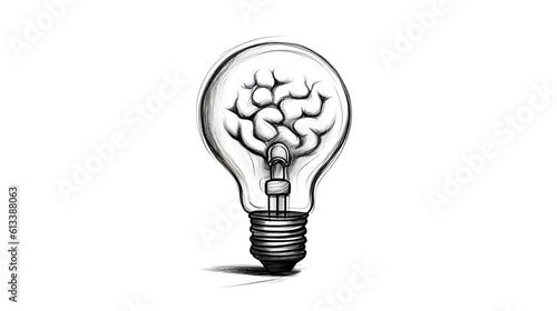 Hand drawn brain inside a light bulb, isolated on a white background. The concepts of innovation and creativity, symbolizing the genesis of ideas and the power of imaginative thinking. Generative AI