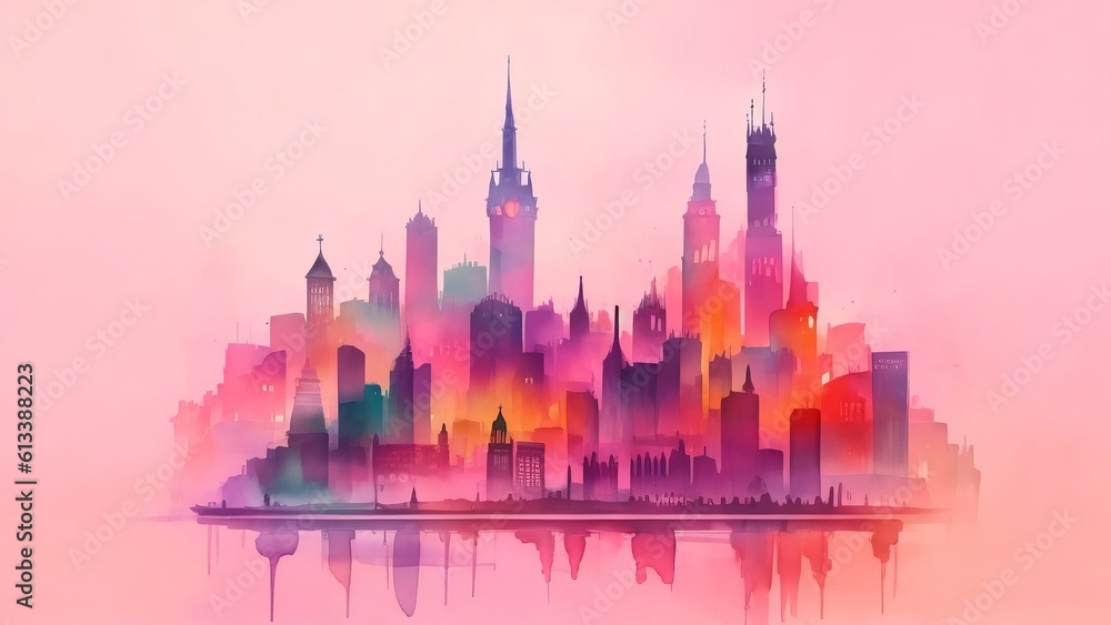 Watercolor City. City drawing background. Generative AI.