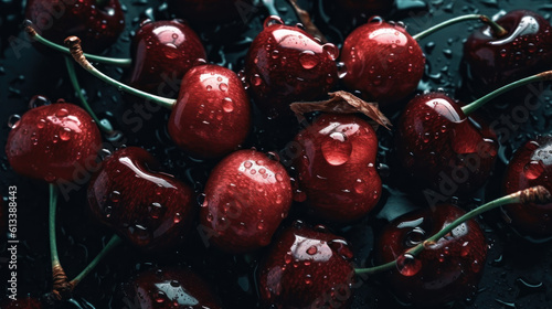 Fresh cherries with water drops on dark background