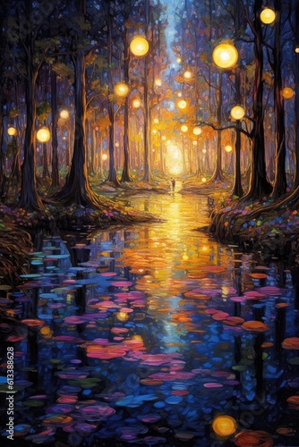 Magical abstract fairytale forest with sparkling fairy lights. Colorful painting of firefly woods. Pathway in an enchanted night.