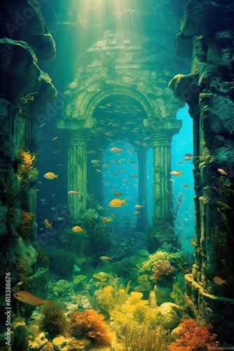 Underwater ruins. Scuba columns and hallways in the ocean. Shipwreck with fish. Deep sea exploration. © Fox Ave Designs