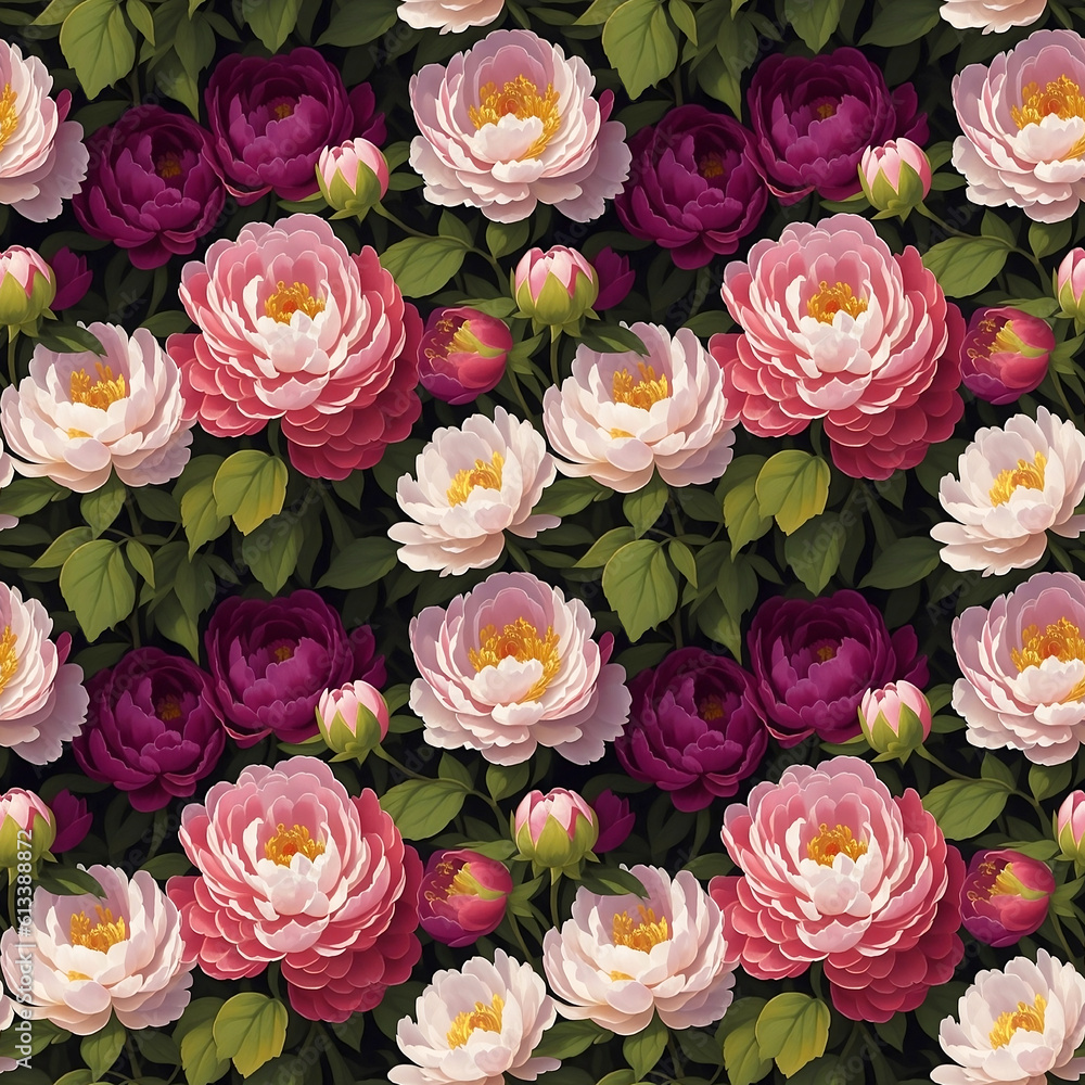 Floral Seamless Pattern with White Pink and Dark Magenta Peonies with Green Leaves on Black. Wallpaper Design for Textiles, Interior, Clothes, Wedding Invitations, Postcards, Greetings. Generative AI Floral Seamless Pattern with White Pink and Dark Magenta Peonies with Green Leaves on Black. Wallpaper Design for Textiles, Interior, Clothes, Wedding Invitations, Postcards, Greetings. Generative AI