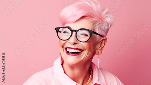 Modern adult woman in stylish pink clothes with pink hair, Barbicore style, laughs very hard. Portrait of a happy woman Generative AI