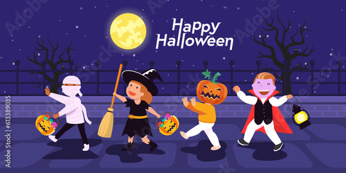 Vector illustration Happy Halloween (trick or treat) Children walk around the house knocking on Halloween.
