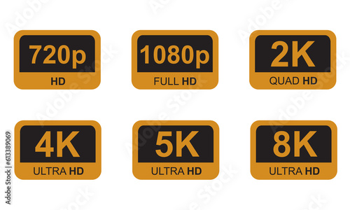 Golden 8k 4k 5k ultra HD video resolution icon, buttons for videos vector elements