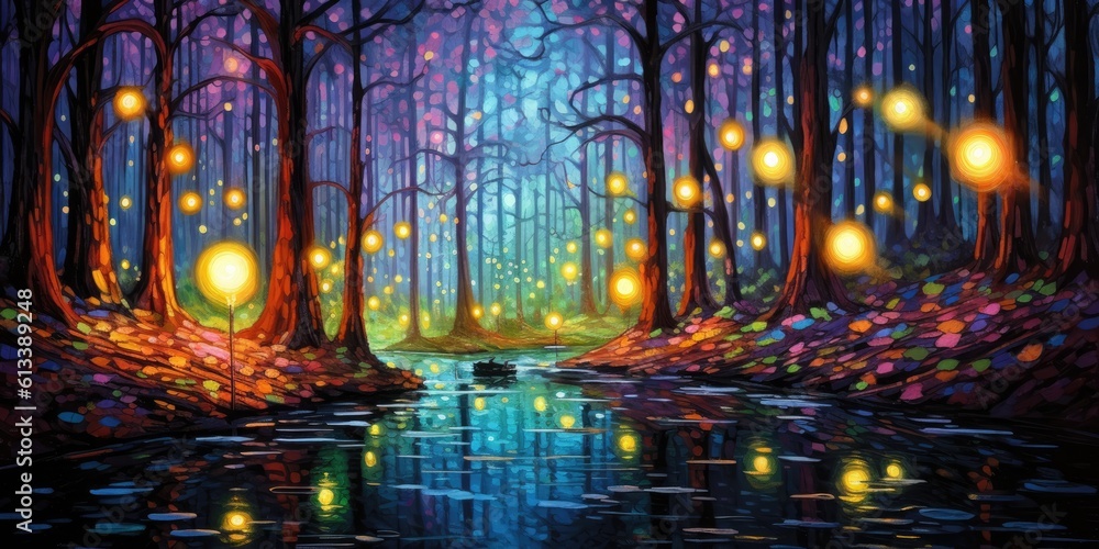 Obraz premium Magical abstract fairytale forest with sparkling fairy lights. Colorful painting of firefly woods. Pathway in an enchanted night.