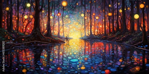 Magical abstract fairytale forest with sparkling fairy lights. Colorful painting of firefly woods. Pathway in an enchanted night. © Fox Ave Designs