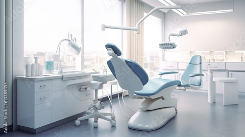 Dental chair with medical tools, Generative AI