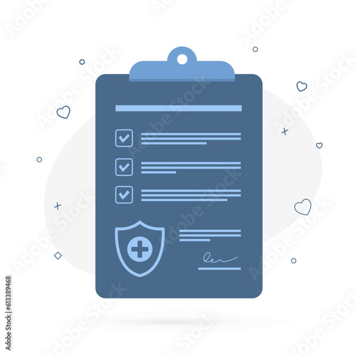 Secure medical insurance protection depicted by a shield symbol with a cross on a clipboard. Ensure peace of mind with comprehensive medical coverage. Illustration isolated on white background