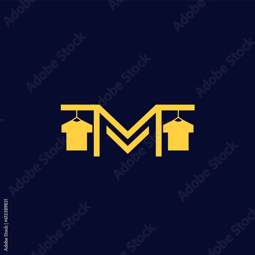M letter logo illustration design vector combined with hanging clothes illustration graphic elements.  suitable for a clothing brand