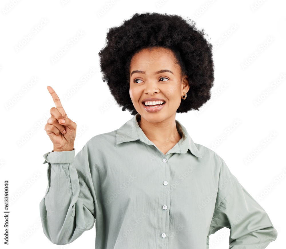 Happiness, advertising smile and woman point, gesture or show sale news, service choice or promotion announcement. Notification, discount and African person isolated on transparent, png background Happiness, advertising smile and woman point, gesture or show sale news, service choice or promotion announcement. Notification, discount and African person isolated on transparent, png background