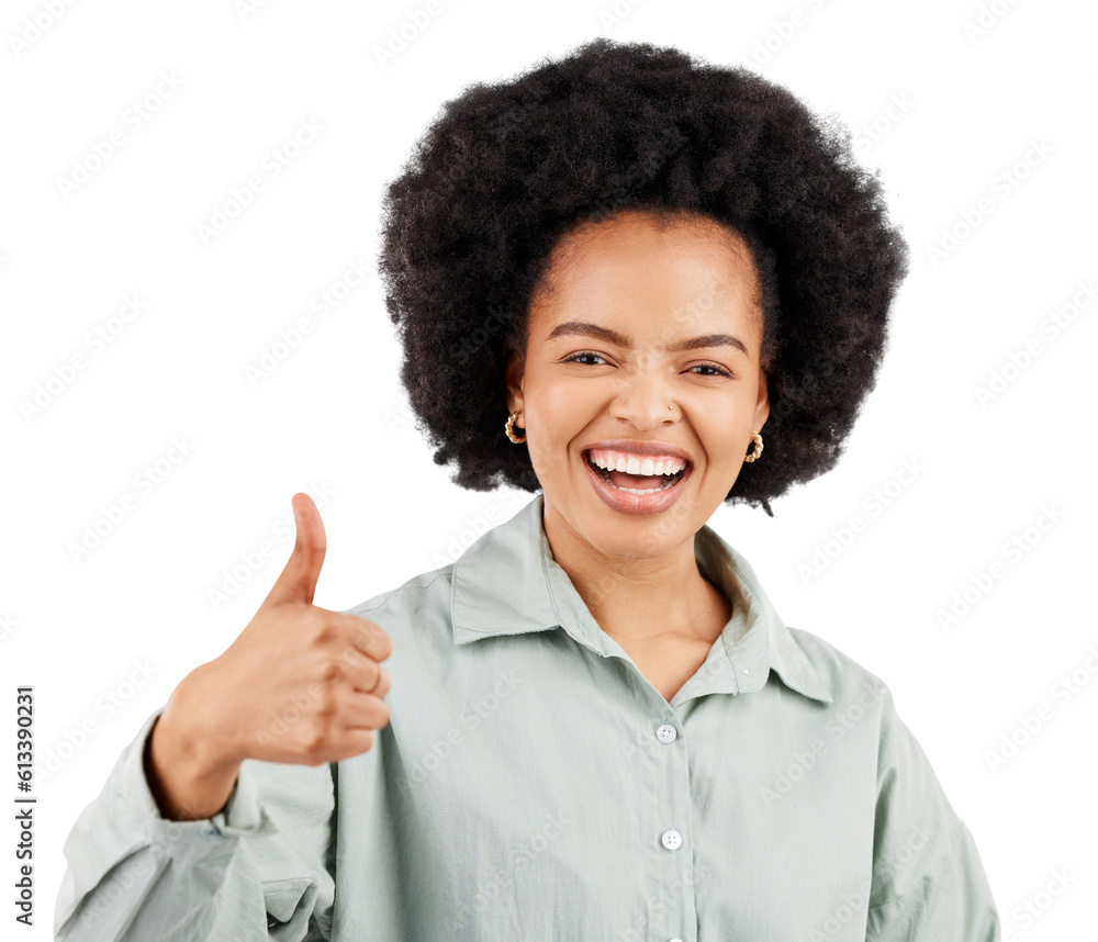 Satisfaction, face portrait and happy woman thumbs up for achievement, target goals success or emoji hand sign. Congratulations, vote or excited African person isolated on transparent, png background Satisfaction, face portrait and happy woman thumbs up for achievement, target goals success or emoji hand sign. Congratulations, vote or excited African person isolated on transparent, png background