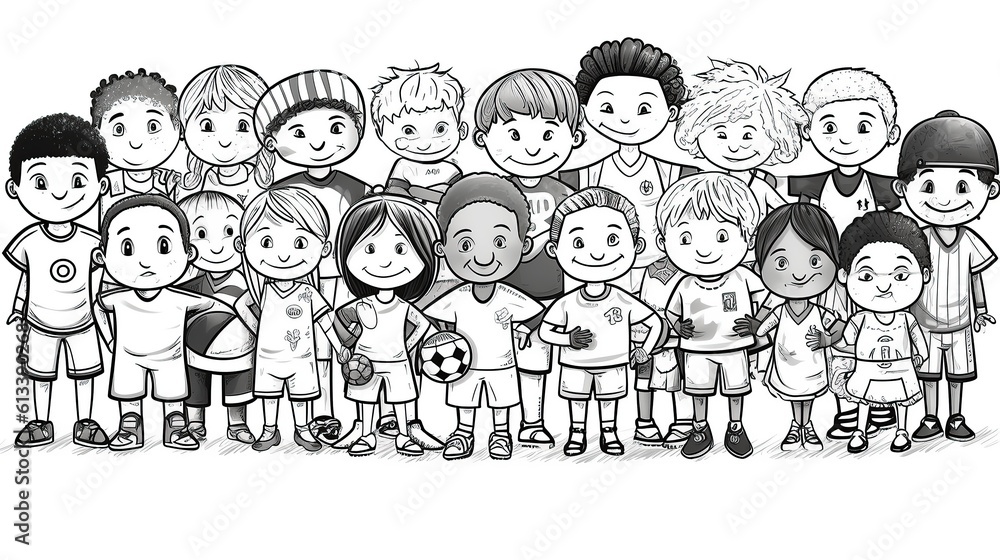 Diferents ethnicity together in soccer coloring pages best of coloring pages for kids, in the style of black and white,Generative AI
